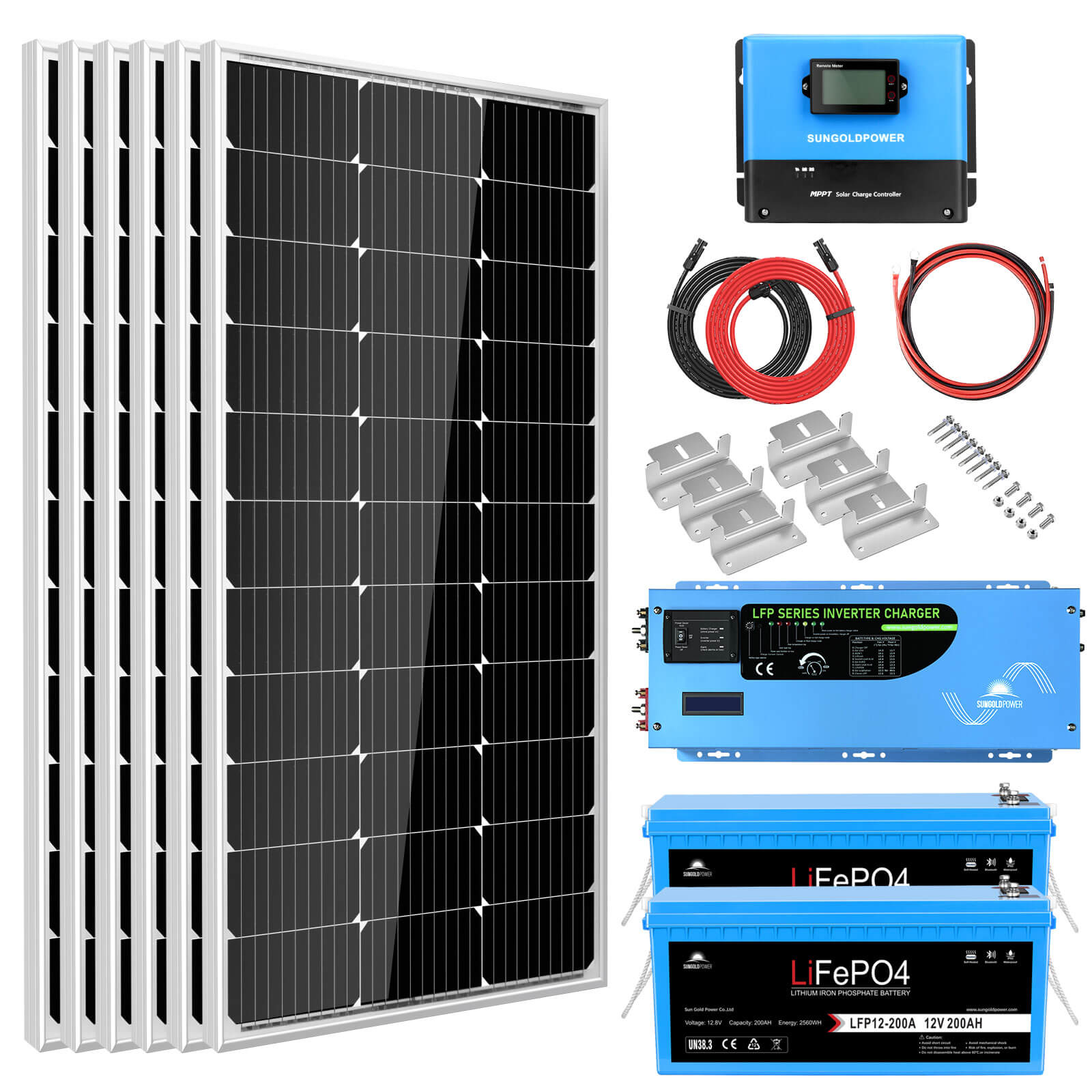 Sungold Power Off Grid Solar Kit 3000W Inverter 12VDC 120V Output LifePO4 Battery 600 watt Solar Back Up SGK-PRO3