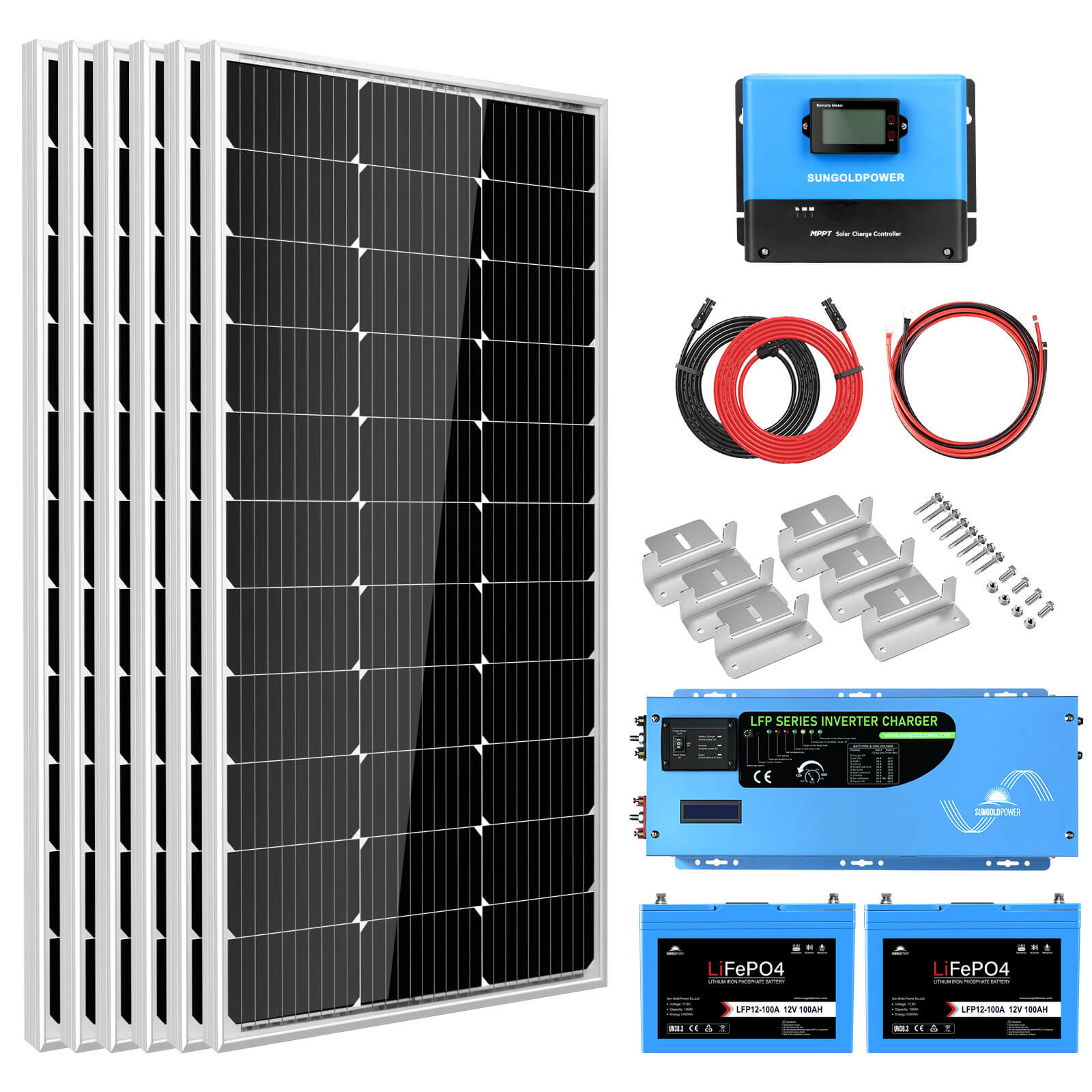 Sungold Power Off Grid Solar Kit 3000W Inverter 12VDC 120V Output LifePO4 Battery 600 watt Solar Back Up SGK-PRO3