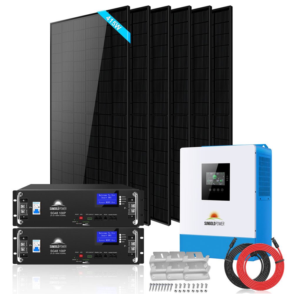 Sungold Power Off-Grid Solar Kit 5000W 48VDC 120V LifePo4 10.24KWH Lithium Battery 6 X 415 Watts Solar Panels SGR-5KE