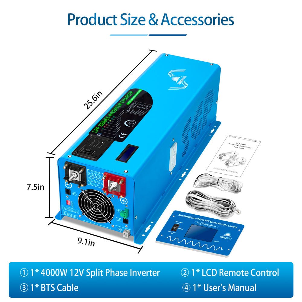 Sungold Power 4000W DC 12V Split Phase Pure Sine Wave Inverter With Charger LFP4K12V240VSP