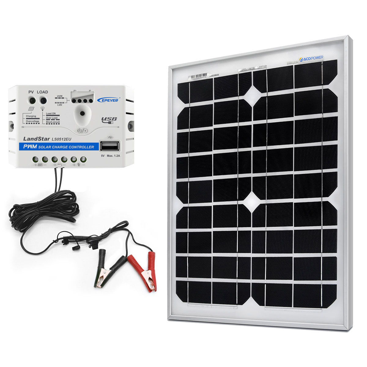 ACOPower 20W 12V Solar Charger Kit, 5A Charge Controller with Alligator Clips