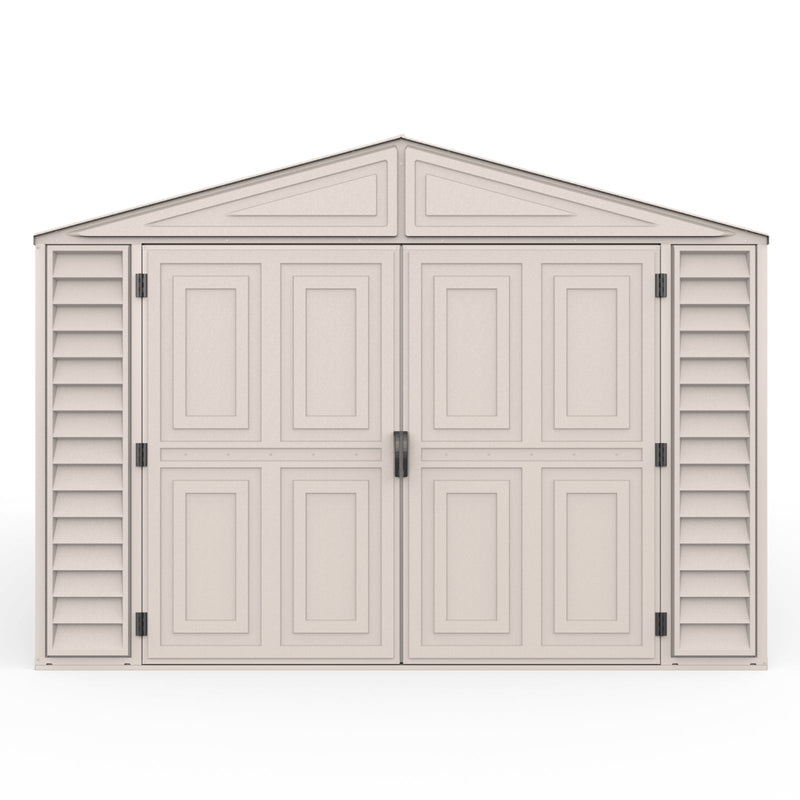 Duramax 10.5x28.5 ft Vinyl Garage, Vinyl Storage Shed with Foundation, 2 Windows & Side Doors