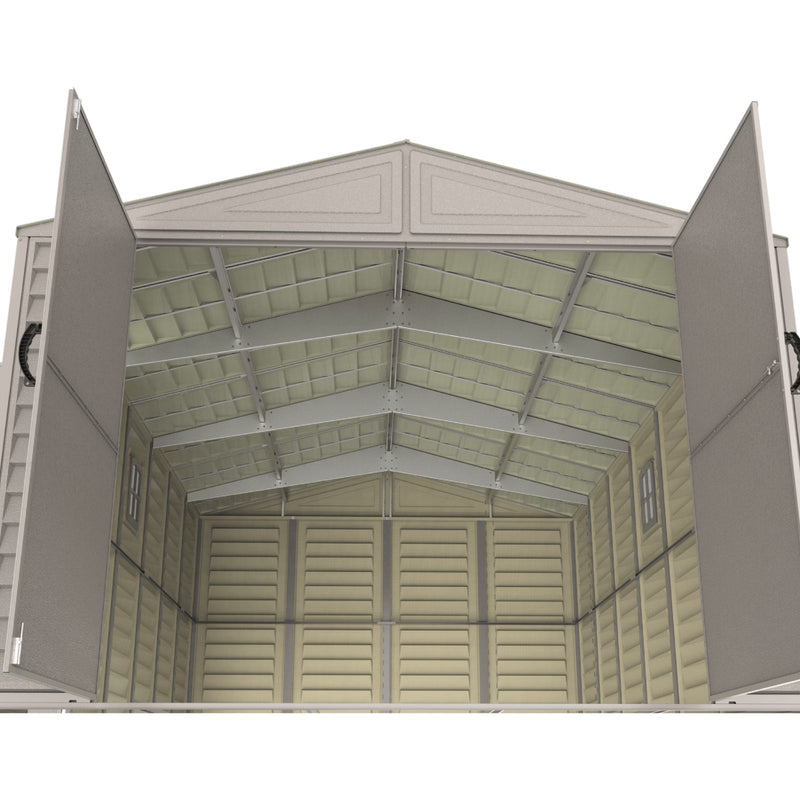 Duramax 10.5x31ft Vinyl Garage, Vinyl Storage Shed with Foundation, 2 Windows & Side Doors