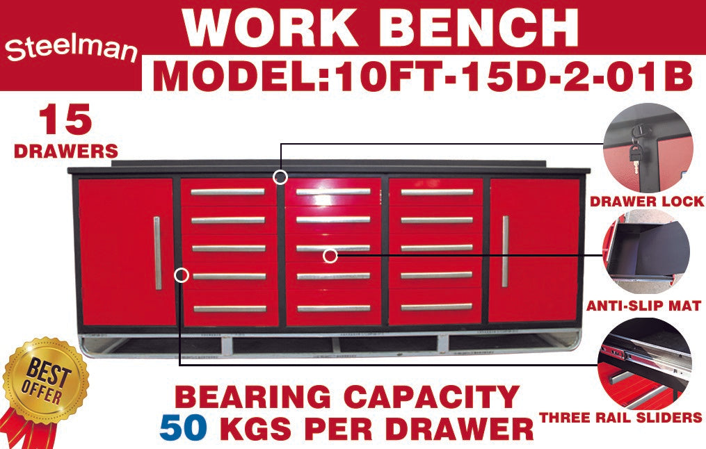 10ft Storage Cabinet with Work Bench (15 Drawers & 2 Cabinets)