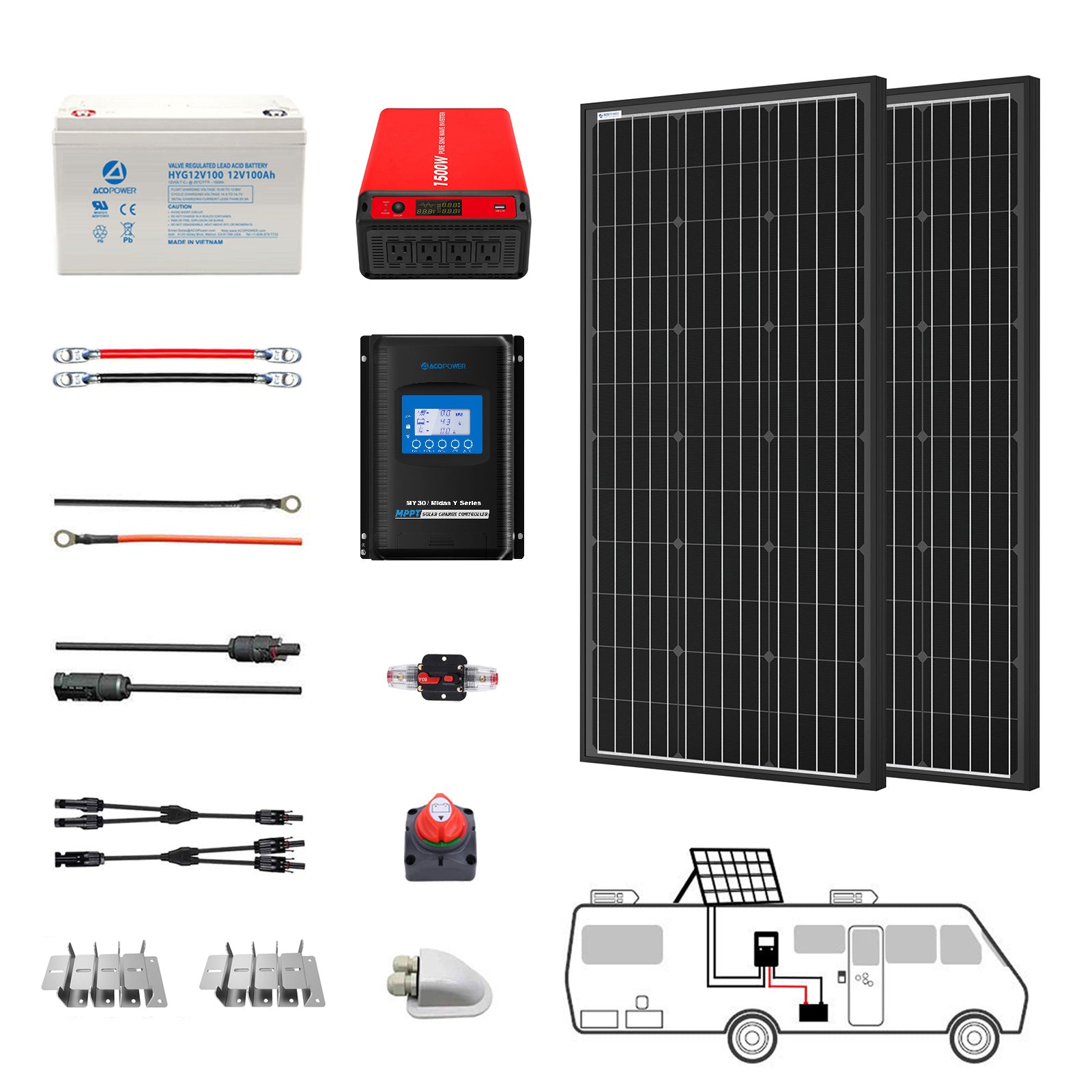 ACOPOWER Deep Cycle GEL Battery Mono Solar Power Complete System with Battery and Inverter for RV Boat 12V Off Grid Kit