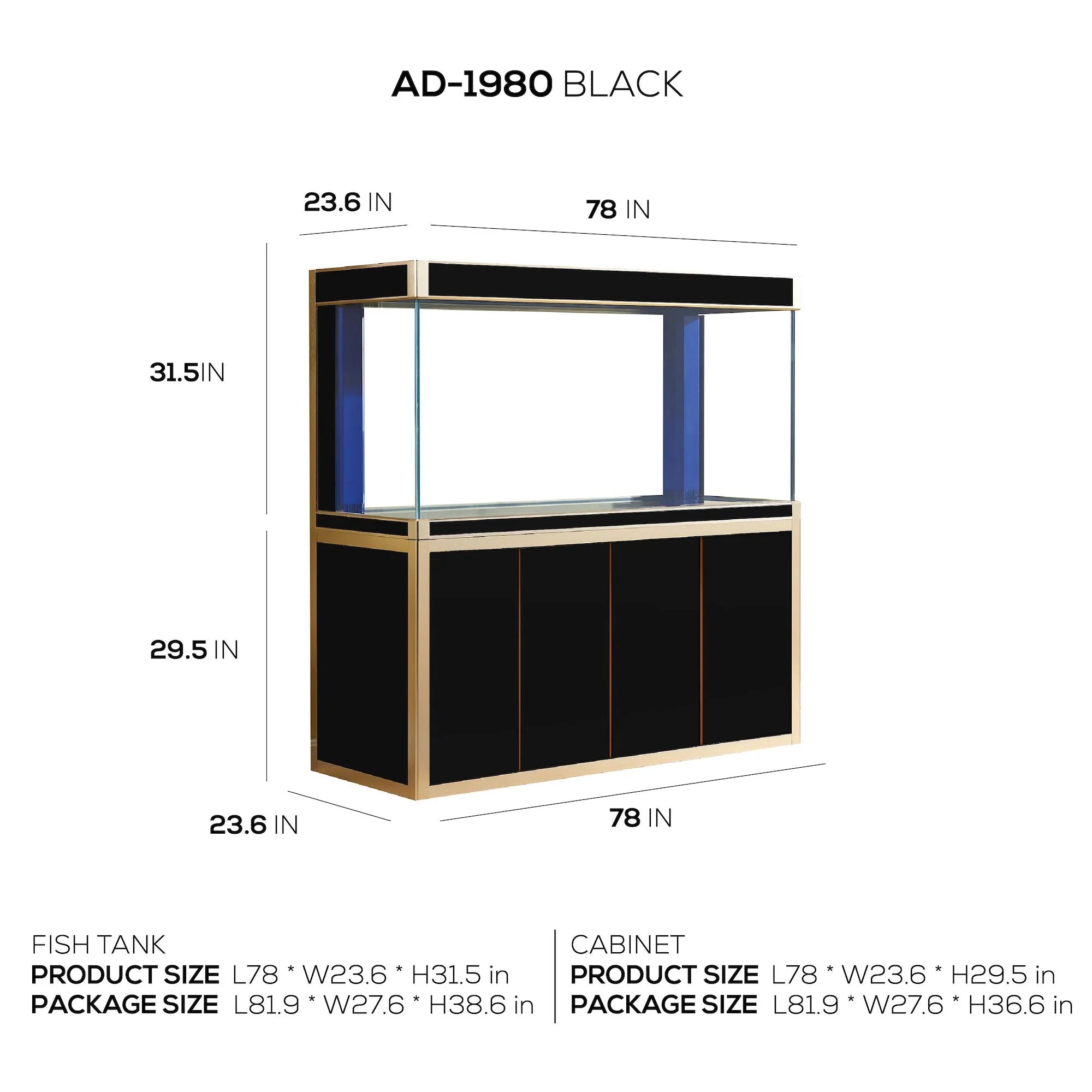 Aqua Dream 250 Gallon Tempered Glass Aquarium Black and Gold AD-1980-BK - Serenity Provision