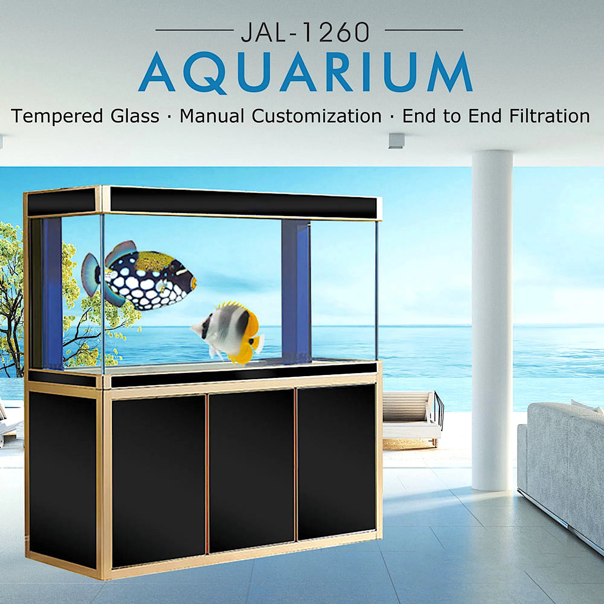 Aqua Dream 135 Gallon Tempered Glass Aquarium Black and Gold AD-1260-BK - Serenity Provision