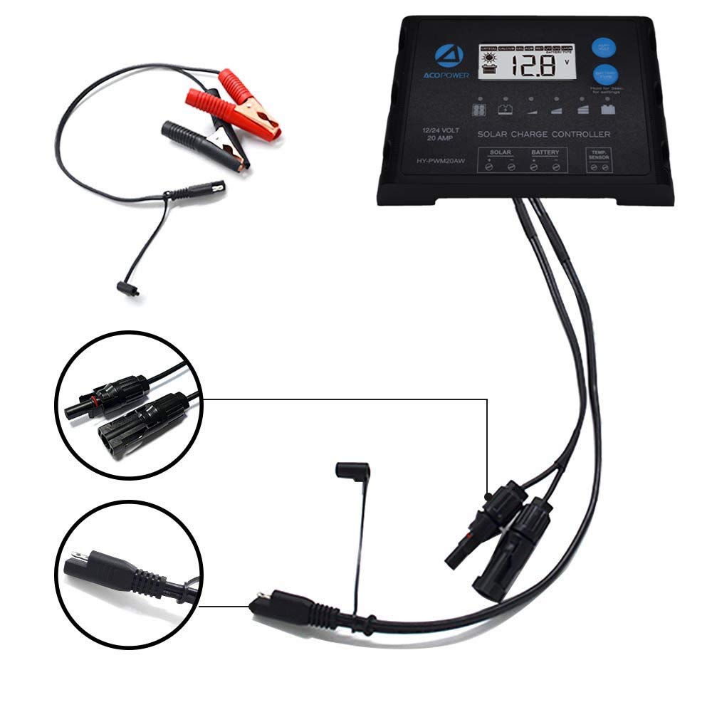 ACOPOWER 20A ProteusX Waterproof PWM Solar Charge Controller with Alligator Clips and solar panel connector