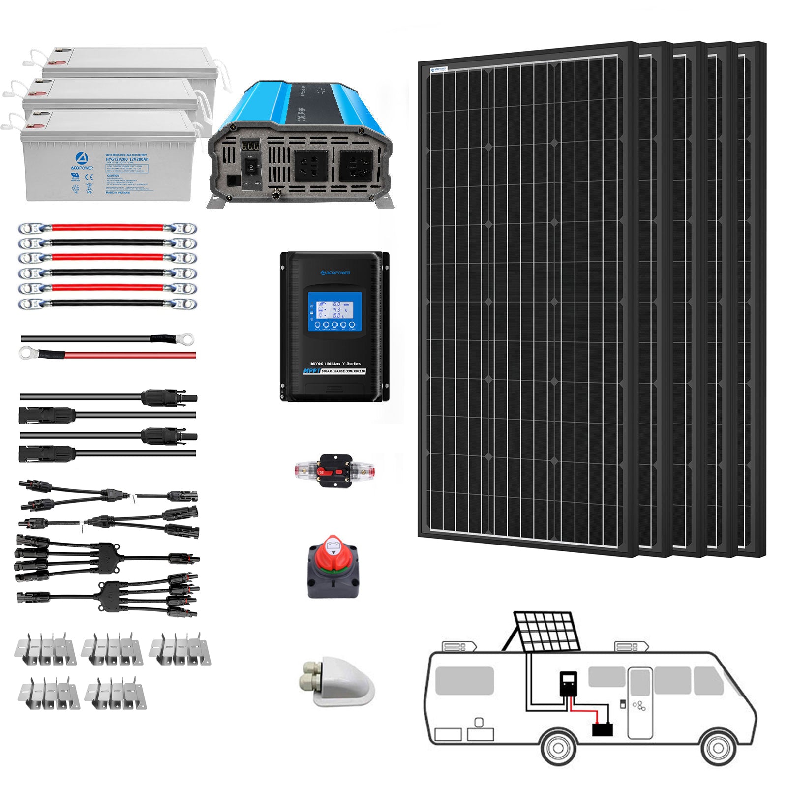 ACOPOWER Deep Cycle GEL Battery Mono Solar Power Complete System with Battery and Inverter for RV Boat 12V Off Grid Kit