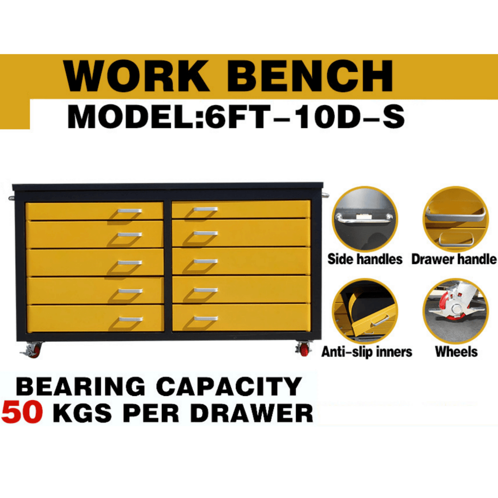 6ft Storage Cabinet with Workbench (10 Drawers)