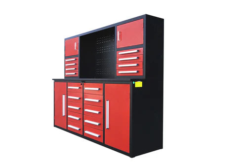 Chery Industrial 7' Garage Storage Cabinet with Workbench (18 Drawers & 4 Cabinets & Pegboard) - WW000203