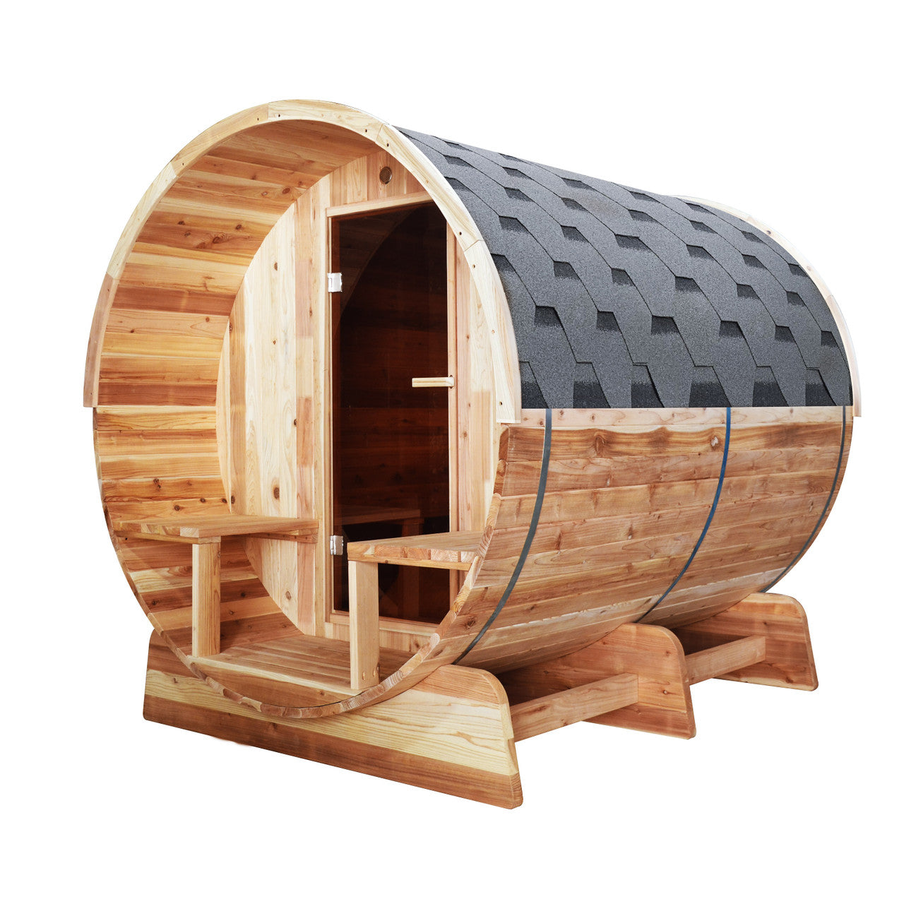 Aleko Outdoor/Indoor Red Cedar Wet/Dry Barrel Sauna - Front Porch Canopy with Panoramic View - Bitumen Shingle Roofing - 8 kW UL Certified KIP Harvia Heater - 6-8 Person SB8CEDARCP-AP - Serenity Provision