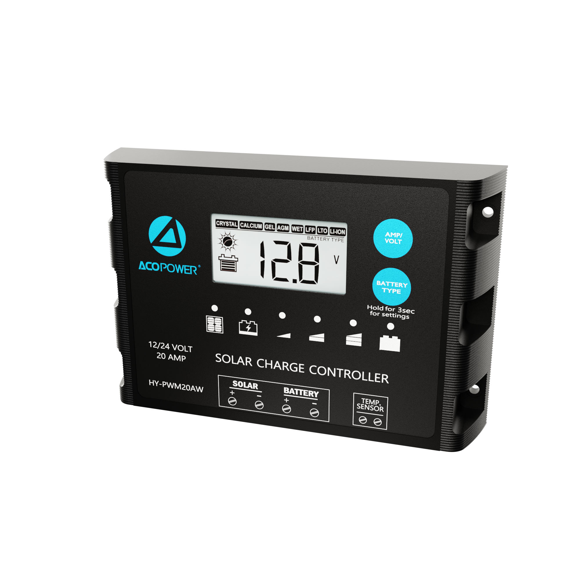 ACOPOWER 20A ProteusX Waterproof PWM Solar Charge Controller with Alligator Clips and solar panel connector