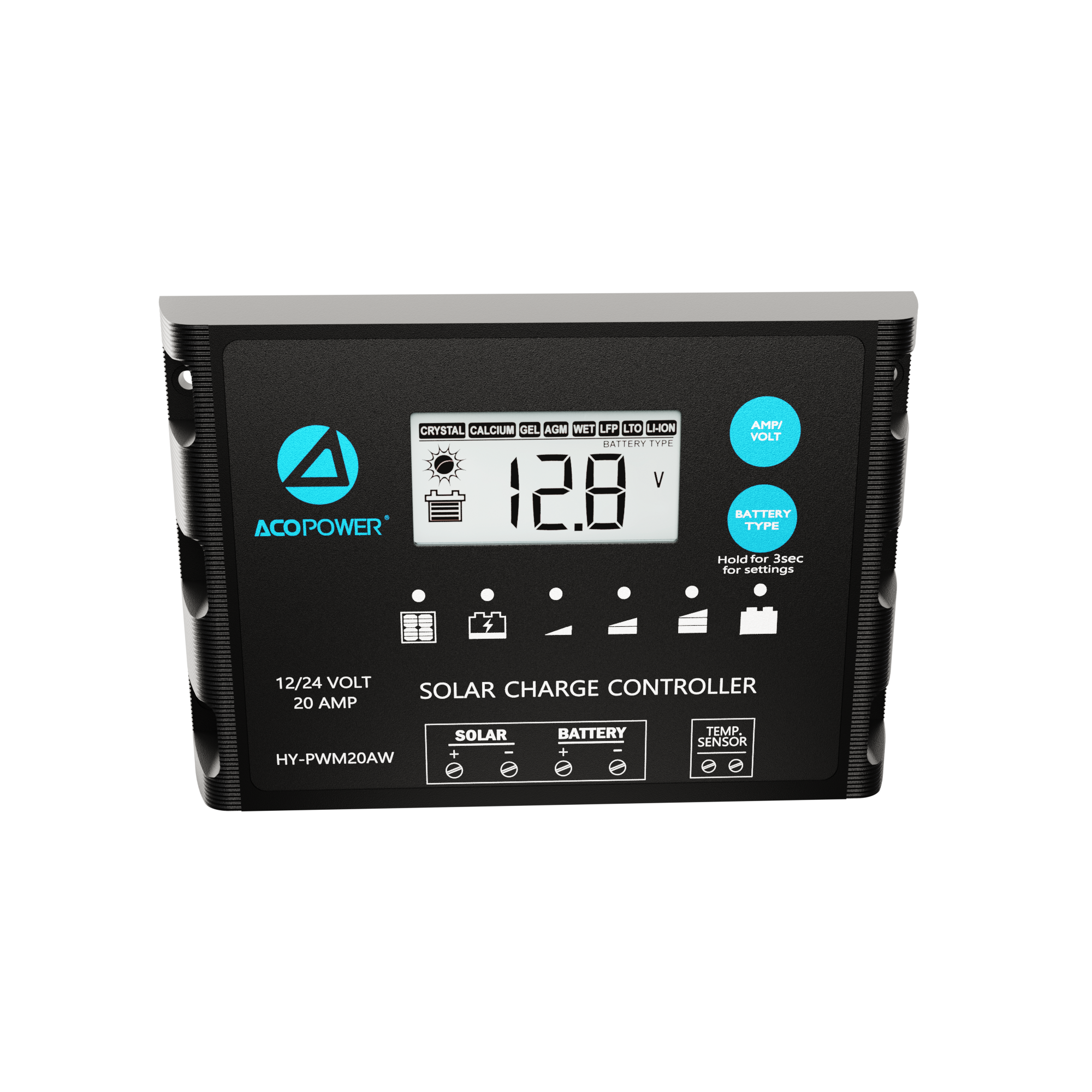 ACOPOWER 20A ProteusX Waterproof PWM Solar Charge Controller with Alligator Clips and solar panel connector