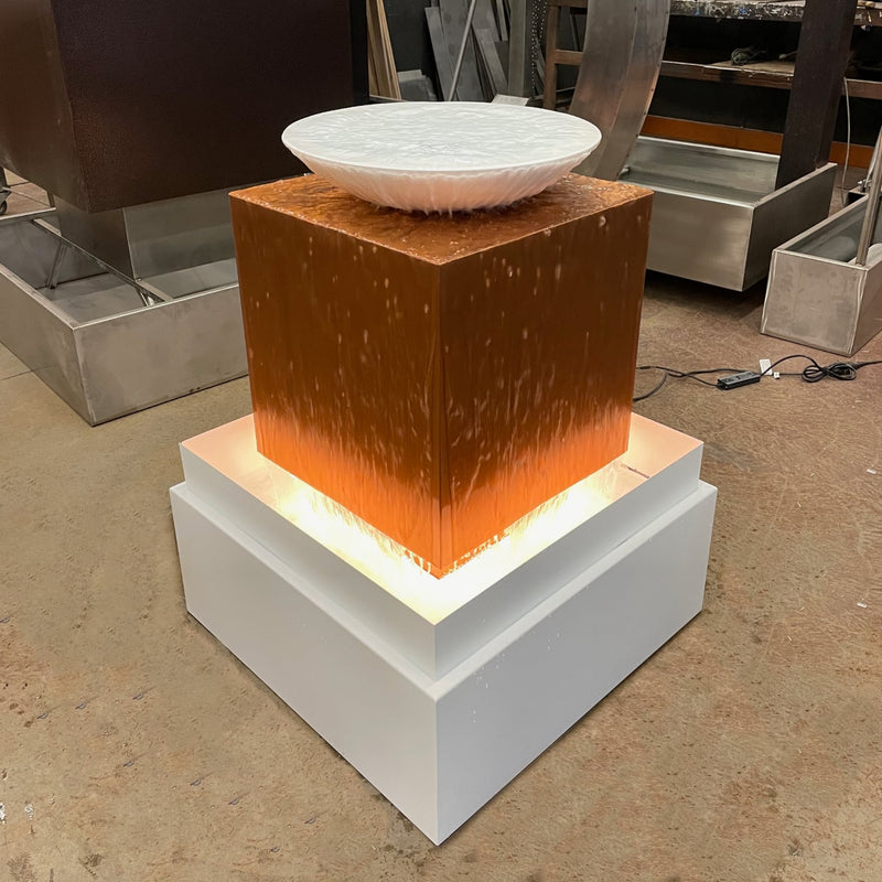 Aura Single Bowl Copper Cube Fountain | Custom Metal Outdoor Water Feature | White Resin Or Copper Bowl
