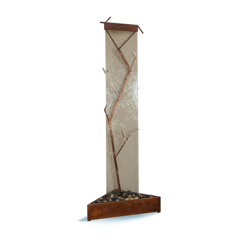 Aura Waterfalls Glass Fountain Metal Tree Sculpture | Floor Standing Indoor Waterfall