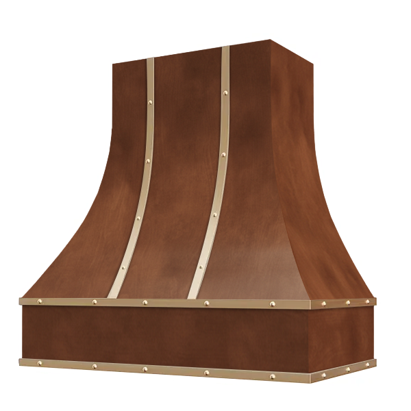 Chocolate Range Hood With Curved Front, Brass Strapping and Buttons - 30", 36", 42", 48", 54" and 60" Widths Available