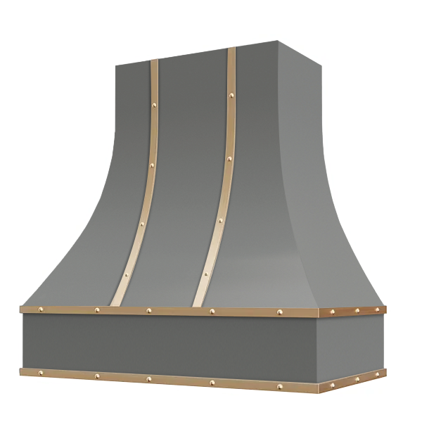 Grey Range Hood With Curved Front, Brass Strapping and Buttons - 30", 36", 42", 48", 54" and 60" Widths Available