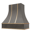 Stained Gray Range Hood With Curved Front, Brass Strapping and Buttons - 30", 36", 42", 48", 54" and 60" Widths Available