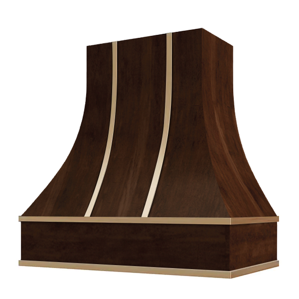 Espresso Range Hood With Curved Front and Brass Strapping - 30", 36", 42", 48", 54" and 60" Widths Available
