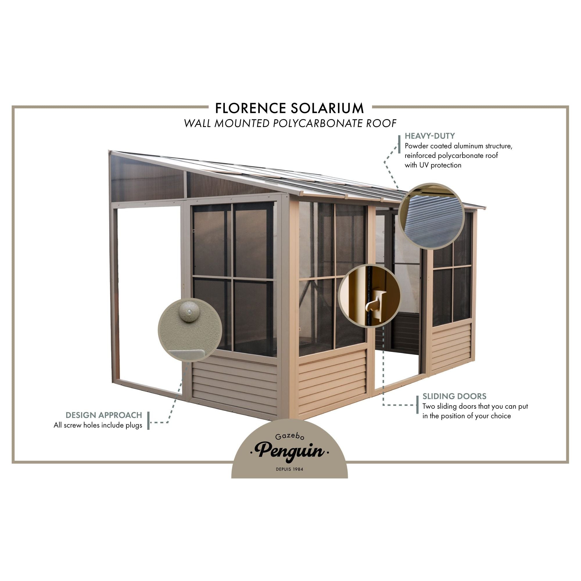 Gazebo Penguin Wall Mounted Florence Solarium with Polycarbonate Roof Add a Room 10'x16' - W1610 - Serenity Provision