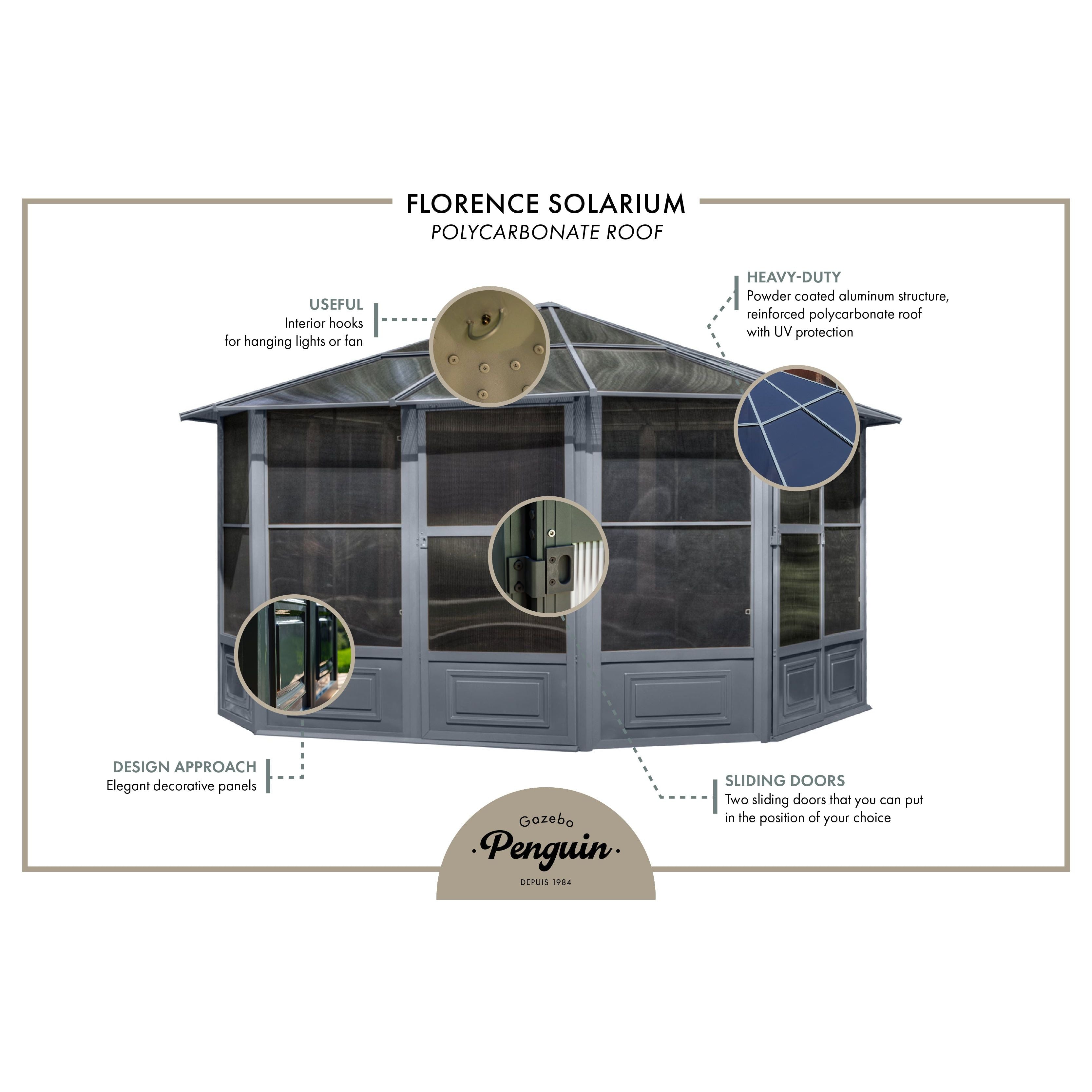 Gazebo Penguin Florence Solarium with Polycarbonate Roof 12'x12' - 41212 - Serenity Provision