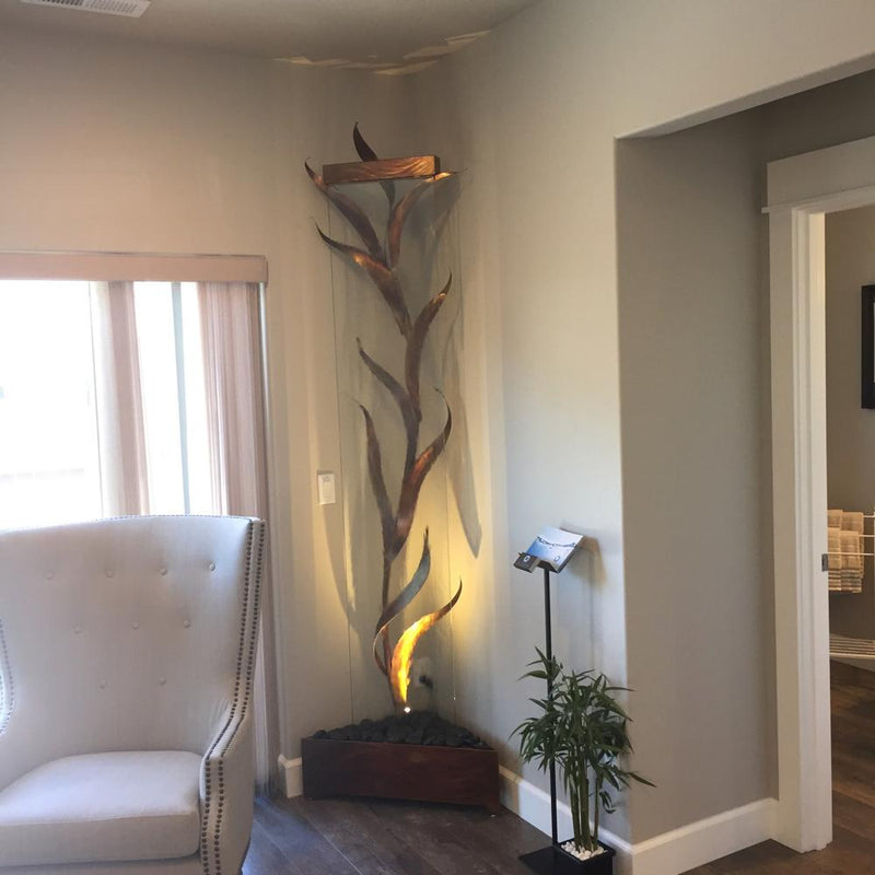 Aura Waterfalls Glass Fountain Metal Tree Sculpture | Floor Standing Indoor Waterfall