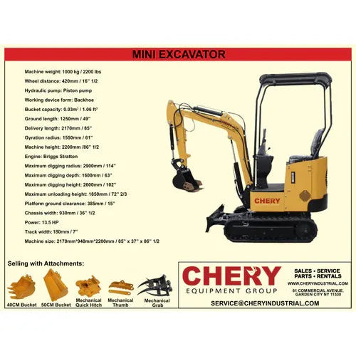 Chery Industrial CHERY EQUIPMENT GROUP 12 Series Mini Crawler Excavator with 5 attachments -