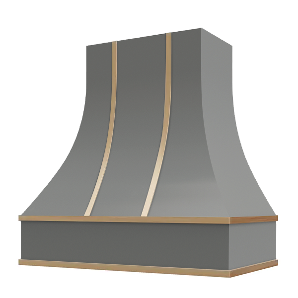 Grey Range Hood With Curved Front and Brass Strapping - 30", 36", 42", 48", 54" and 60" Widths Available