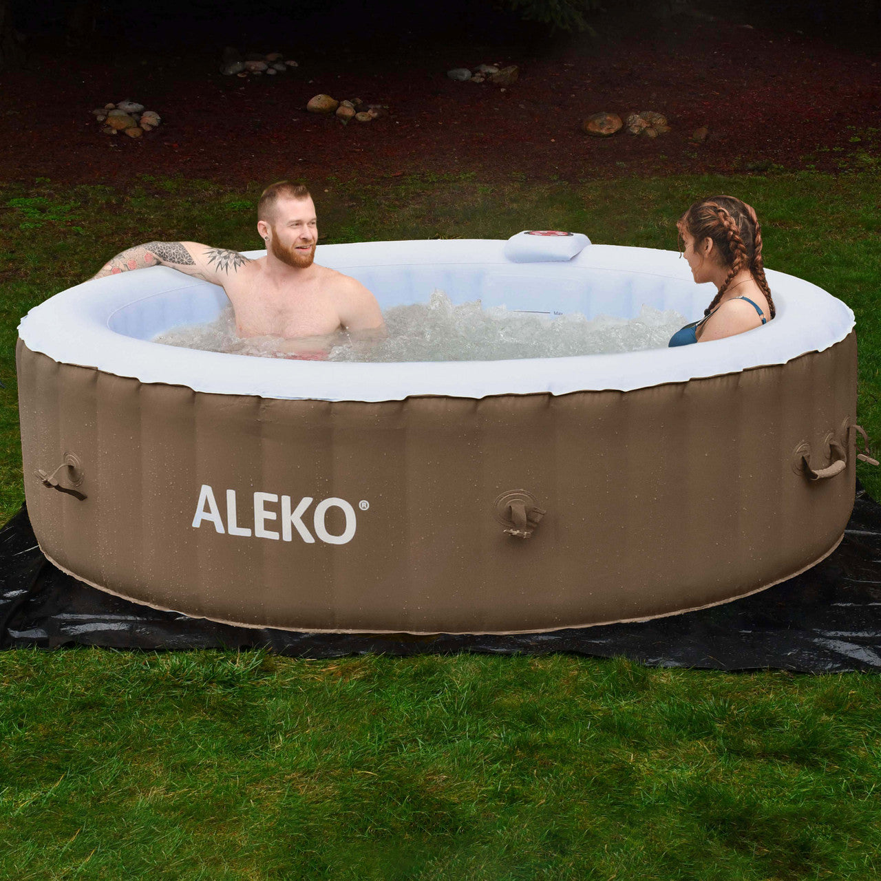 Aleko Round Inflatable Jetted Hot Tub with Cover - 6 Person - 265 Gallon - Brown and White HTIR6BRW-AP - Serenity Provision