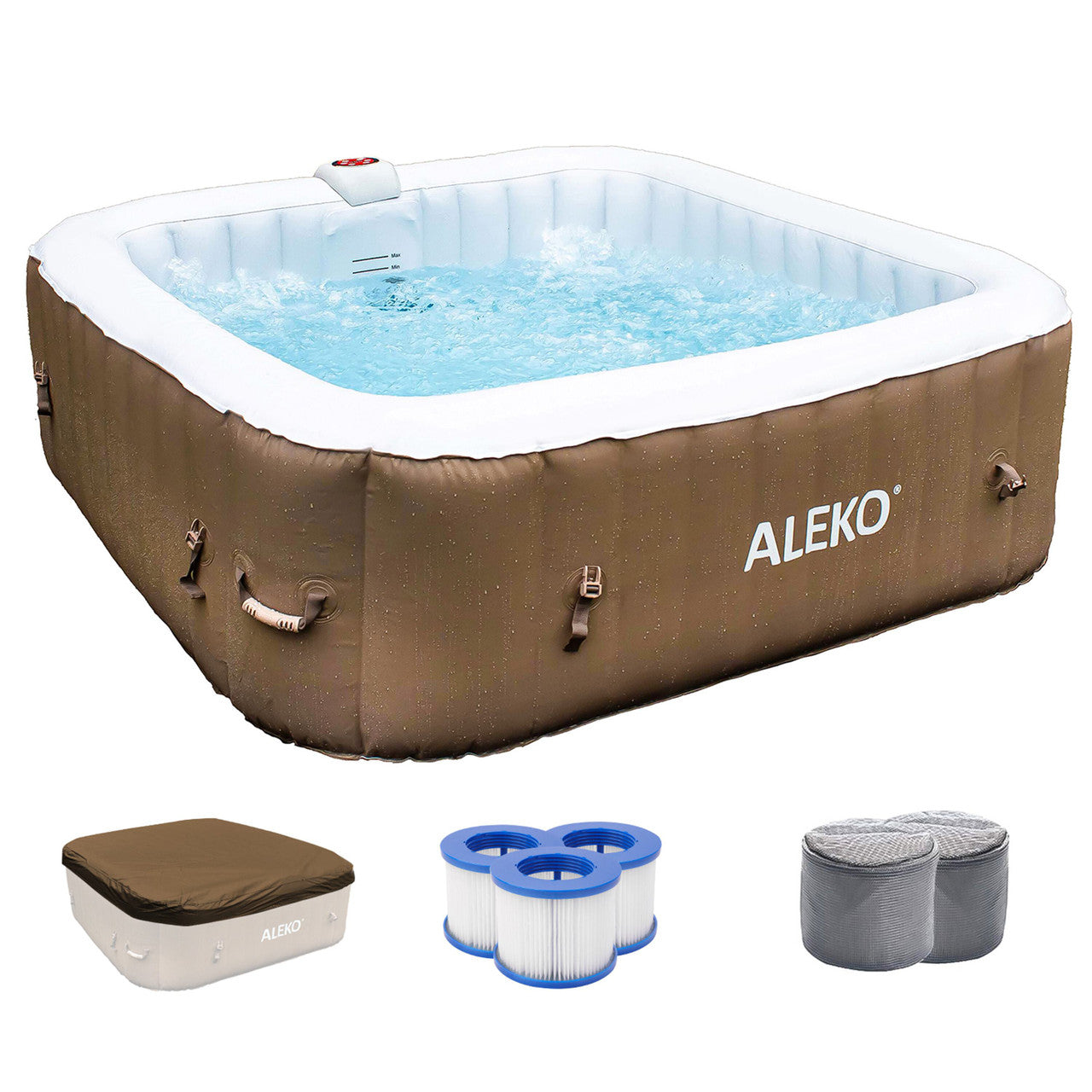 Aleko Square Inflatable Jetted Hot Tub with Cover - 6 Person - 250 Gallon - Brown and White HTISQ6BRWH-AP - Serenity Provision