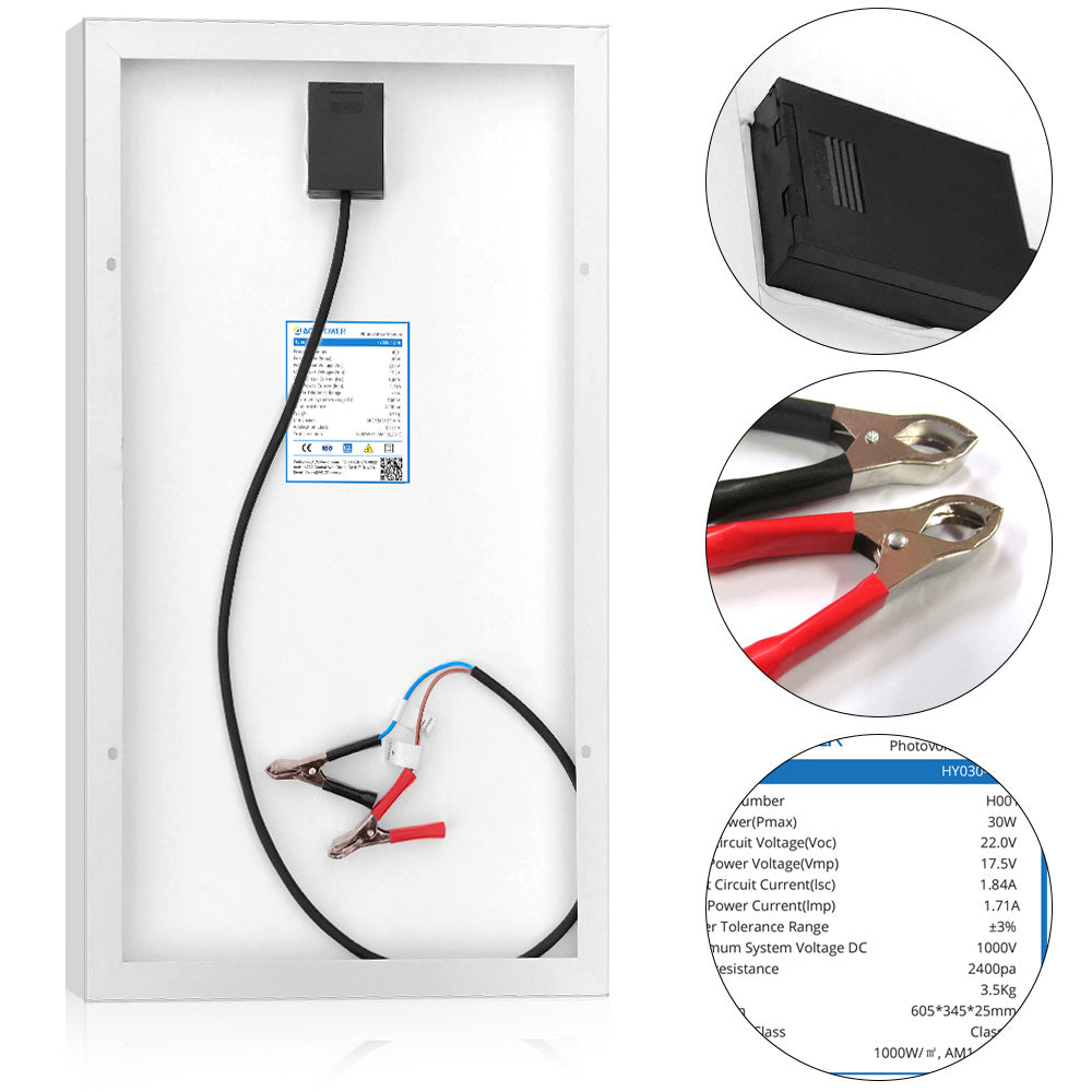 ACOPower 30W 12V Solar Charger Kit, 5A Charge Controller with Alligator Clips