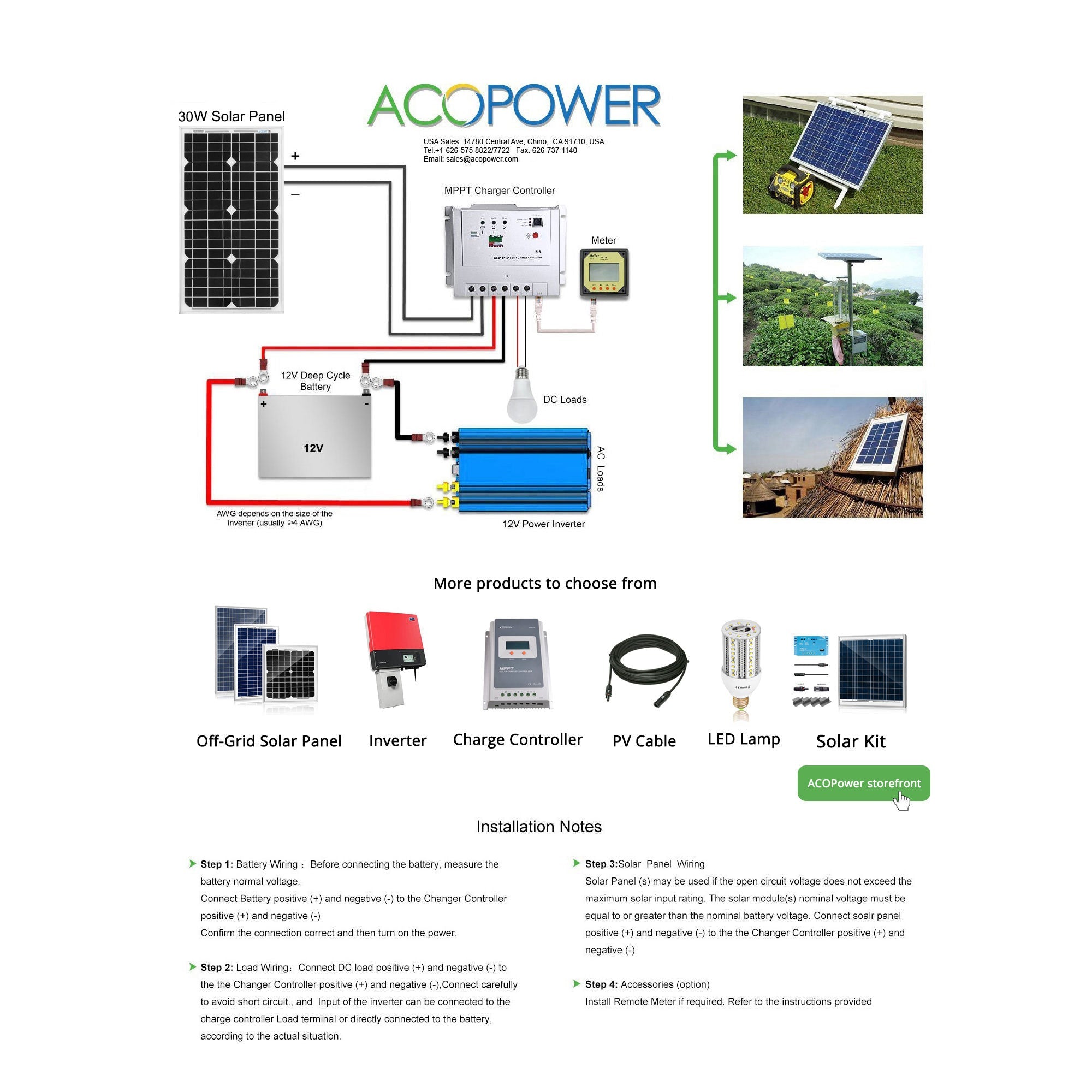 ACOPower 30W Mono Solar Panel for 12 Volt Battery Charging