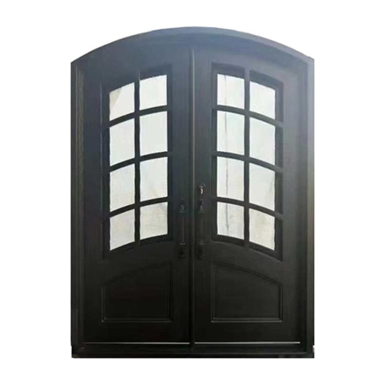 Aleko Iron Arched Top Minimalist Glass-Panel Dual Door with Frame and Threshold - 92 x 72 Inches - Matte Black IDR7296BK15-AP - Serenity Provision