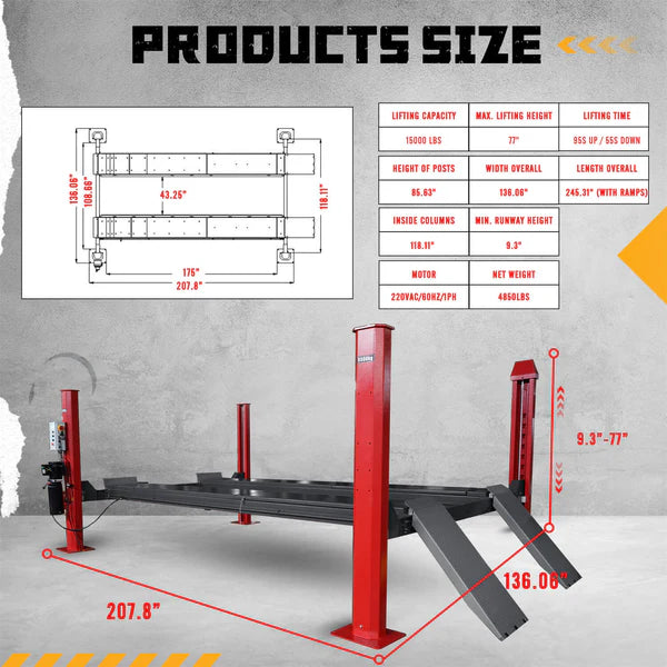 Katool KT-4H150 Heavy Duty 4-Post Alignment Lift 15,000lbs. Rolling Jack Included - 4H150