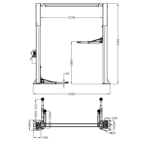 Katool KT-AS110D Two Post Asymmetrical Vehicle Lift 11,000lbs Single Point Lock Release - AS110D