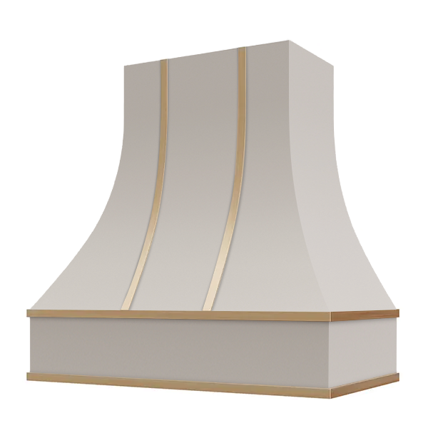 Light Grey Range Hood With Curved Front and Brass Strapping - 30", 36", 42", 48", 54" and 60" Widths Available