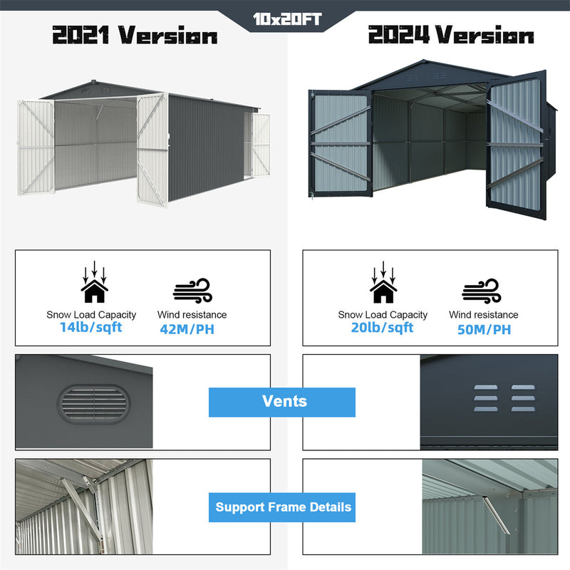 Chery Industrial 10 x 20 ft Plus Upgraded Metal Garage Shed with Double Front Doors, Side Entry Door