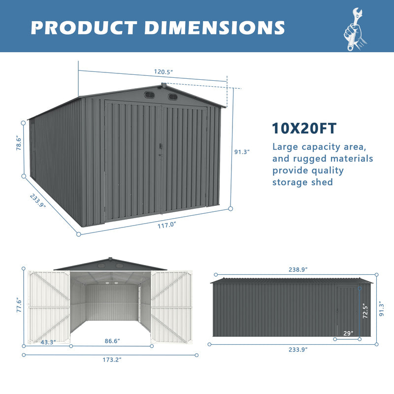 Chery Industrial 10 x 20 ft Metal Garage Shed with Double Front Doors, Side Entry Door
