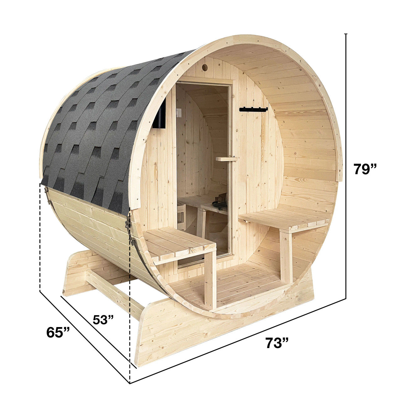 Aleko Outdoor or Indoor White Finland Pine Wet Dry Barrel Sauna - 3-5 Person - Front Porch Canopy - 4.5 kW UL Certified - Bitumen Shingle Roofing SB5PINECP-AP - Serenity Provision