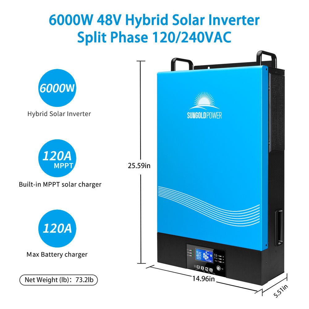 Sungold Power 6000W 48V Hybrid Solar Inverter Split Phase 120/240VAC (Grid Feedback & Batteryless) TP6048