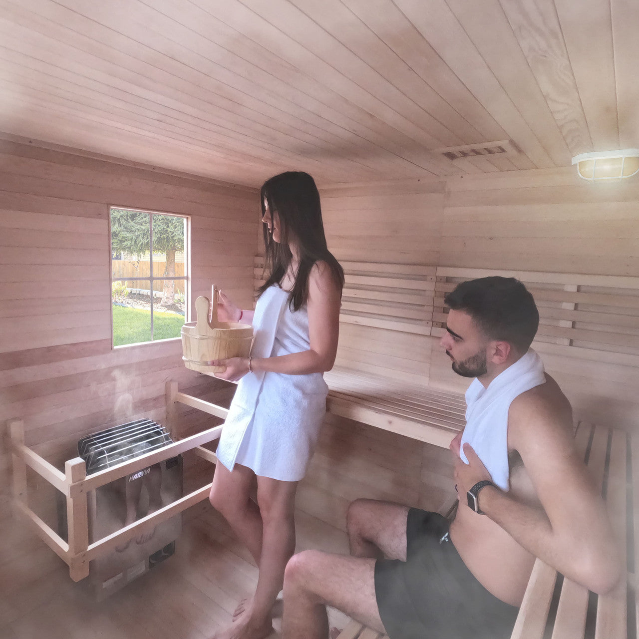 Aleko Canadian Hemlock Wet Dry Outdoor Sauna with Asphalt Roof - 8 kW UL Certified Heater - 8 Person SKD8HEM-AP - Serenity Provision
