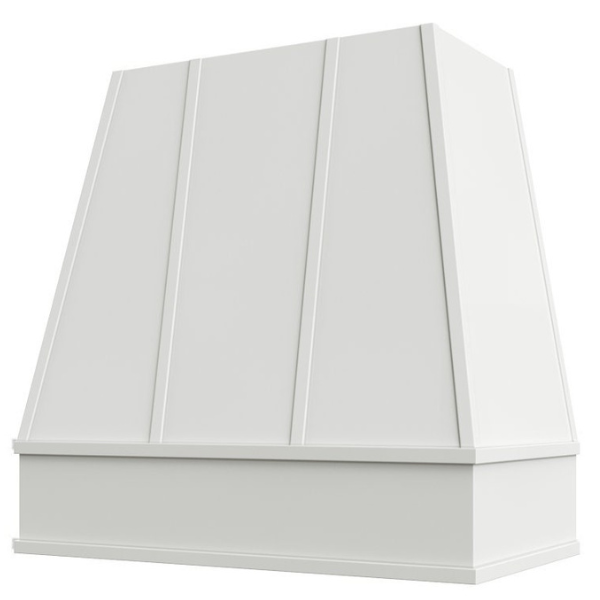 White Wood Range Hood With Tapered Strapped Front and Block Trim - 30", 36", 42", 48", 54" and 60" Widths Available