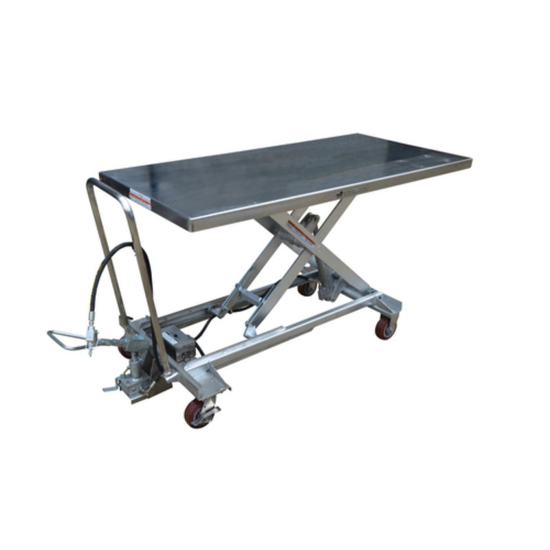 Vestil Partially Stainless Steel Air/Hydraulic Light Duty Scissor Lift Cart 63 In. x 31-1/2 In. Platform With Poly-On-Poly Casters 1,000 Lb. Capacity Silver - AIR-1000-LD-PSS