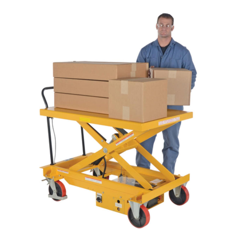 Vestil Steel DC Power Hydraulic Single Scissor Cart 47-1/4 In. x 31-1/2 In. 1000 Lb. Capacity Yellow - CART-1000-WD-DC