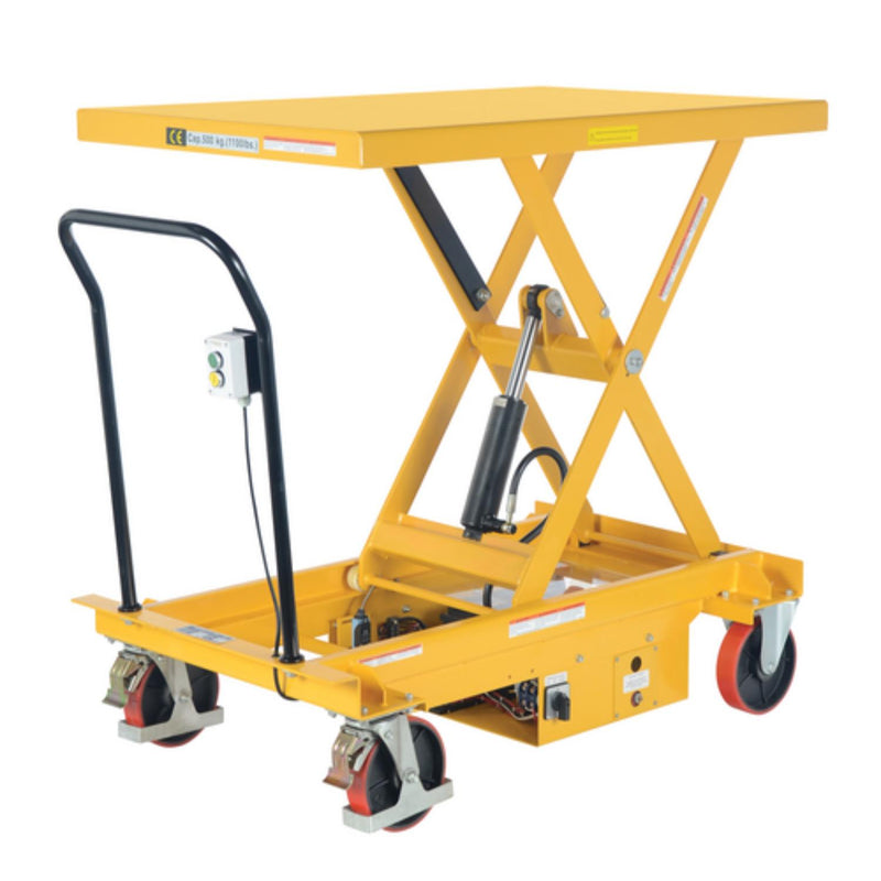 Vestil Steel DC Power Hydraulic Single Scissor Cart 47-1/4 In. x 31-1/2 In. 1000 Lb. Capacity Yellow - CART-1000-WD-DC
