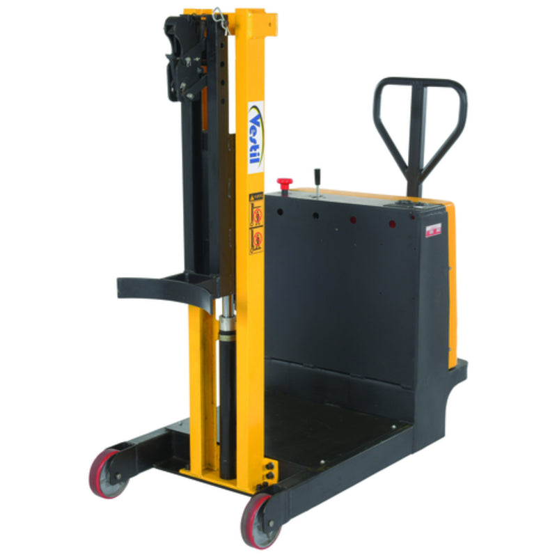 Vestil Steel Manual Drive Powered Lift Counter Balanced Drum Stacker 12V 52 In. x 26 In. x 58 In. 700 Lb. Capacity Yellow - DRLT-CB-54-MDPL