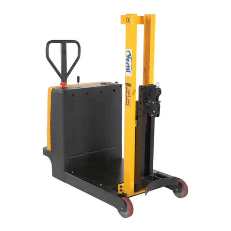 Vestil Steel Manual Drive Powered Lift Counter Balanced Drum Stacker 12V 52 In. x 26 In. x 58 In. 700 Lb. Capacity Yellow - DRLT-CB-54-MDPL
