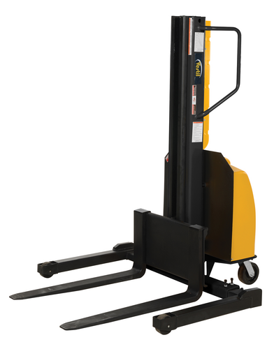 Vestil Steel Narrow Mast Stacker DC Powered 118 In. Raised Height Adjustable Forks and Support Legs 1,500 Lb. Capacity Yellow - SLNM-118-AA