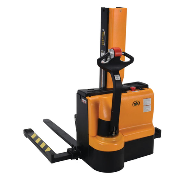 Vestil Steel Narrow Mast Stacker DC Powered 43 In. Raised Height Adjustable Forks and Support Legs 3,000 Lb. Capacity Black / Yellow - SNM3-43-AA